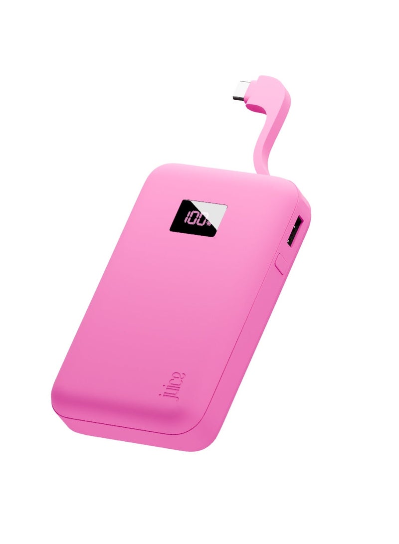 JUICE Eco Integrated Power Bank, Portable Charger 10,000 mAh with Built-in Cable & Digital Display, USB-C Output, Power Bank for iPhone 15 16 Pro Max, Samsung, Xiaomi, Android, iPad, DJI, GoPro - Pink - Image 1
